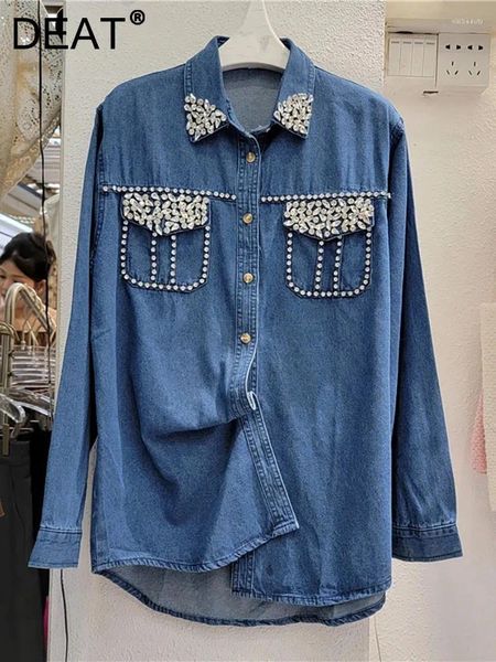 Camicette da donna camicia in denim collare a turno in cristallo sciolto camicetta blu a petto singolo 2024 Summer Fashion 29L3009