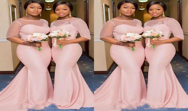 Rouge Pink African Nigerian Mermaid Brautjungferkleider mit Ärmeln 2019 Sheer Lace Neck Plus Size Hochzeitsgastkleid 9672237