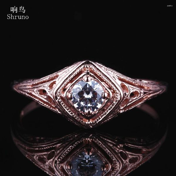 Кластерные кольца Shruno Сплошное 14 -километровое розовое золото круглый Vvs d Color 4mm Подличный монсерский кольцо мойссанито