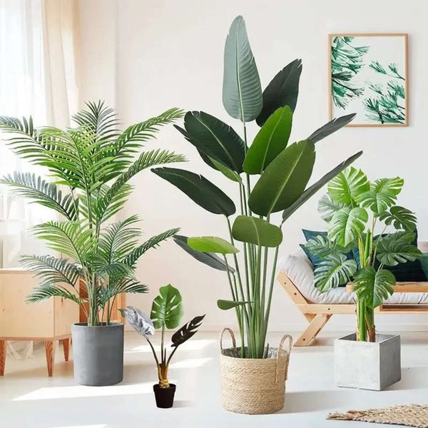 Palm 6095cm Grande árvore de plantas artificiais tropicais ramificações plásticas folhas falsas monstera verde para casa no jardim decoração 240127