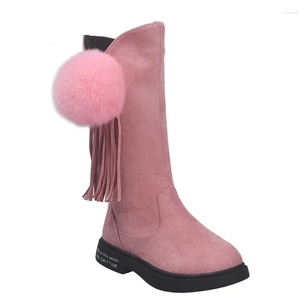 Boots Kids Pom Designer Winter Wintage Nappel Clock in pelle Mid-Calf Princess Party Scarpe Black Girls Fringe #27-37