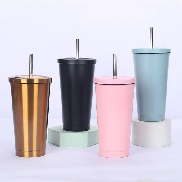 Neuer heißer Verkauf 750 ml/500 ml 304 große Kapazität Edelstahl Stahlstrohbecher Solid Color Vakuum Becher Kaffeetasse Becher