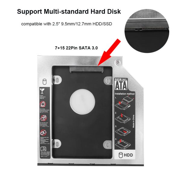 Gehege Aluminium 2. Second HDD Caddy 9,5 mm 12,7 mm SATA 3.0 2,5 'SSD DVD CDROM -Gehäuse -Adapter -Festplatten -Antriebsfall