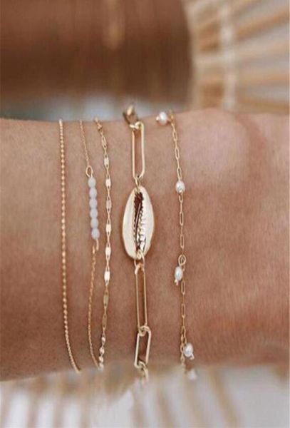 Bağlantı zinciri 5pcs kadın bilezikler set çok katmanlı metal kabuk boncuklar altın zincirleri boho bilezik femme antika plaj anklet mücevherler ACC68770318