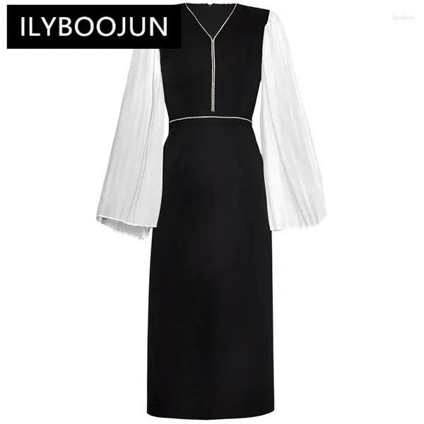 Повседневные платья Ilyboojun Fashion Женская лоскутная одежда для плиссированных с длинными рукавами.