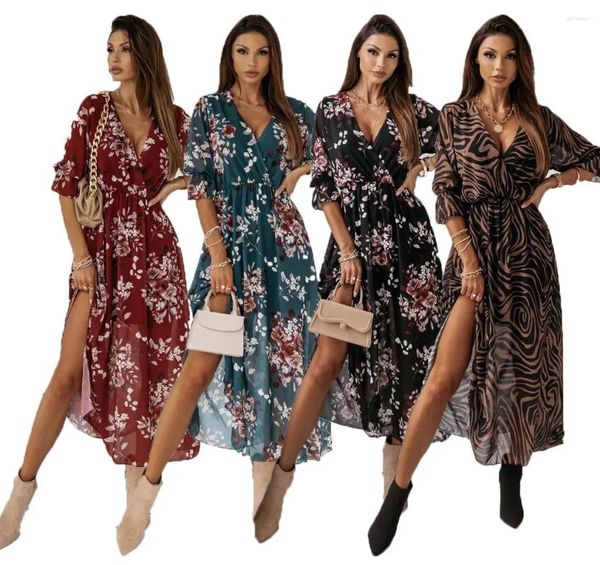 Vestidos casuais vestido de mulher de qualidade superior de verão impressão floral v vestidos de meia manga TCFS1105