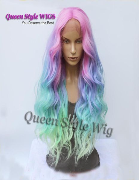 Capelli arcobaleno pastello sirena parrucca sintetica arcobaleno colorbow rosa viola blu fluorescente fluorescente verde ombre in pizzo parrucca anteriore sirena cos9373712