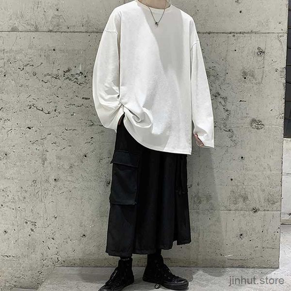 Camisetas masculinas moletons soltos masculina camiseta sólida neutra madeira moda feminina roupas coreanas algodão pullover de manga longa camisetas