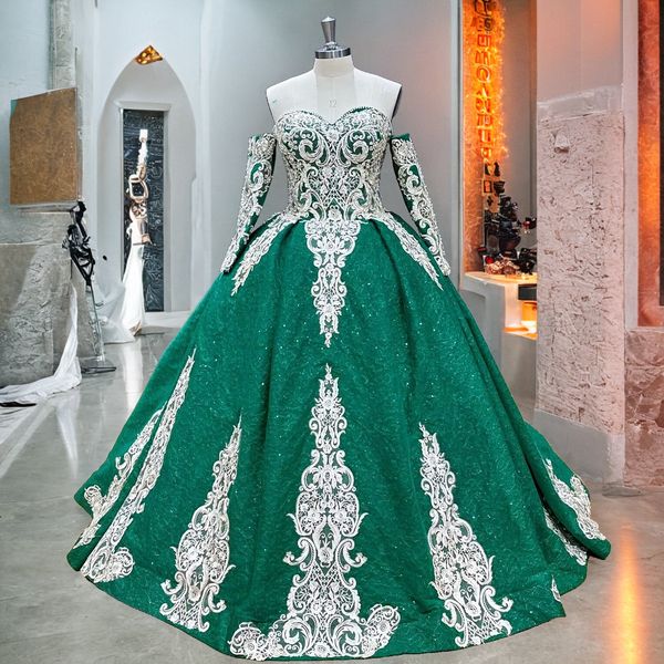 Assumi lnyer fuori dalla spalla a maniche lunghe con perle dorate per perle Appliques Appliques luccicanti pace in pizzo Quinceanera Green Dresses Real Office Foto video Video