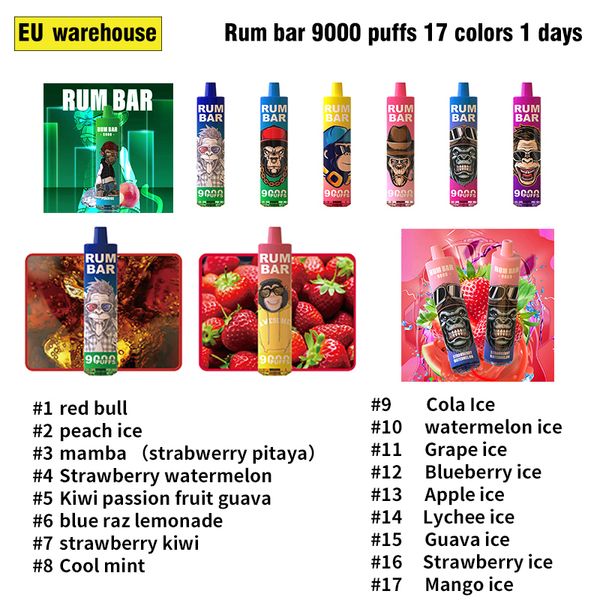 UE Nice Original Rum Bar 9000 Puffs Disponível E CASTO VAPE VAPE COM CONTROLE DE AR ROLO DE FLUSTO Air Recarregável 650mAh Smart Battery Premium Vape Pen Mesh Mesh Coil Pod