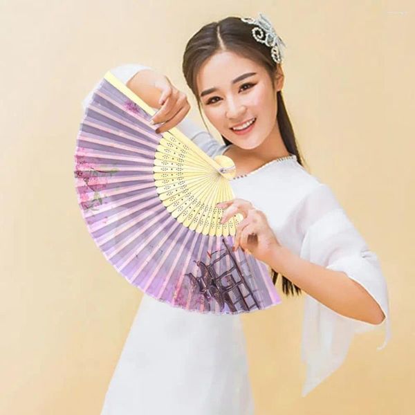 Figurine decorative Fan Flower Stampa Flower Fan Style Cinese Bamboo Piegatura con una nappe floreale di seta per le donne