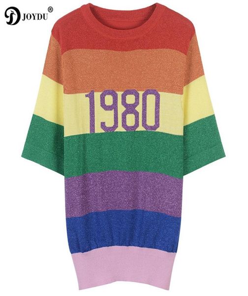 2018 New Runway Design 1980 Maglietta estiva a maglia Summer Thirt Vintage Thirts for Women Rainbow Striped harajuku chic femmina maglietta femmina3714269