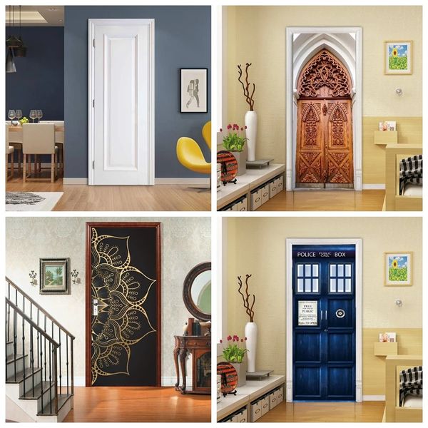 Ретро -самоотверженные виниловые наклейки деревянные железные дверь обои Vinilos para puertas de madera modern Art Room Decer 240415