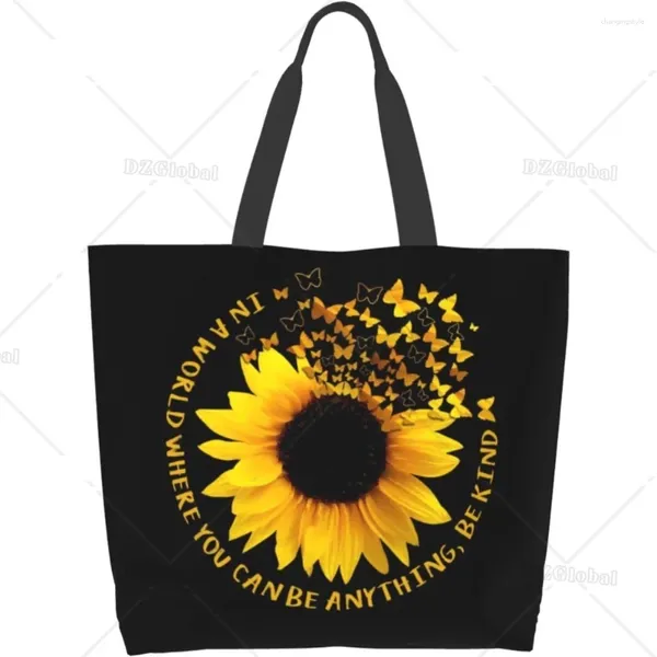 Alışveriş Çantaları Ayçiçeği Kelebekleri Sanat Baskı Tote Çanta Büyük Omuz Gündelik Yeniden Kullanılabilir Çanta Kadın Market Çalışmaları