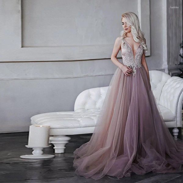 Abiti per feste Yqlnne Smoky Purple Long Prom 2024 Sexy V Neck Tulle Diamanti argento fatti a mano in perline Abito da sera senza schiena Abito formale