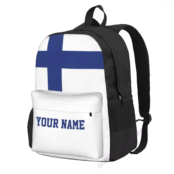 Backpack benutzerdefinierte Name Finnland Flag Polyester für Männer Reisen Reisen Tasche Freizeitstudenten Wandercamping
