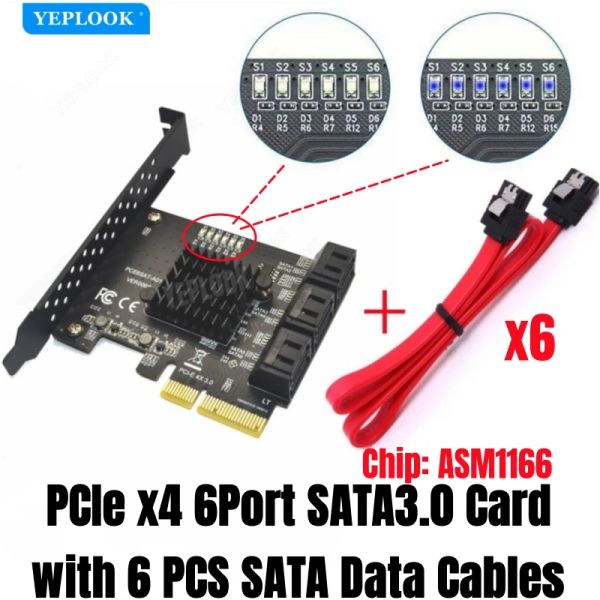 Kartlar PCIE TO 6 Port SATA3.0 6GBPS MAYNAK KART ASM1166 HDD/Optik Sürücü/SSD/NAS/NAS/MADEN MADENME İLE KAPALI SATA Kabloları