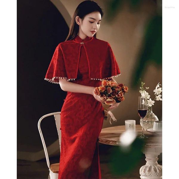 Abbigliamento etnico vino rosso scialle di scialle qipao set da 2 pezzi abiti da sposa cinese Banchetto da sera moderni migliorano il cheongsam retrò