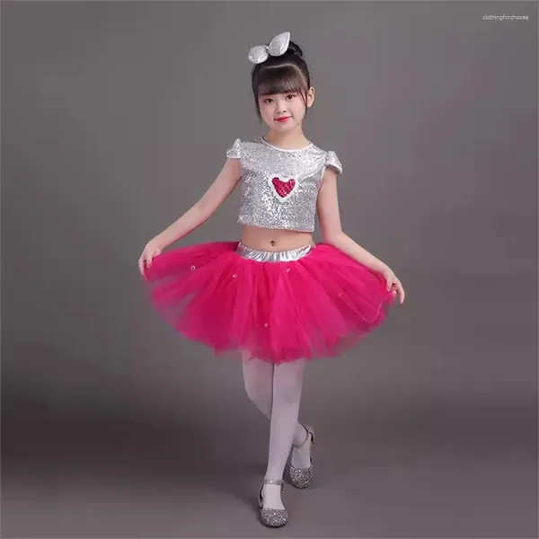 Bühnenbekleidung Rose Red Girls 'Performance Kleid am internationalen Kindertag Pailletten Mädchen Ballett Tutu Prinzessin flauschiger Rock