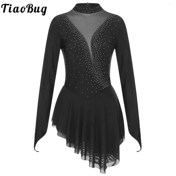 Bühnenbekleidung Damen Strass -Figur Eis Skatenkleider Langarm Mesh Patchwork Lotard Gymnastic Dance Ballet Kleid Performance Kostüm