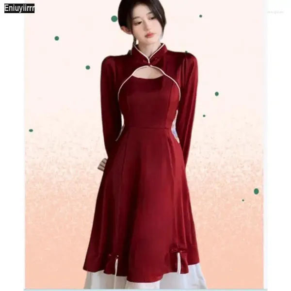 Vestidos casuais Presente de Natal Ano da Festa Vermelha Mulher Hollow Out Stand Collar Wine Bumbo Ruffles Retro Dress Vintage