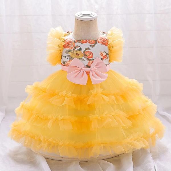 Mädchen Kleider gelbe High-End-Blumenmädchen Prinzessin Kleid Sommer Blumen 1. Geburtstag Party Prom Kleid für Kleinkind Kinder Baby Abend