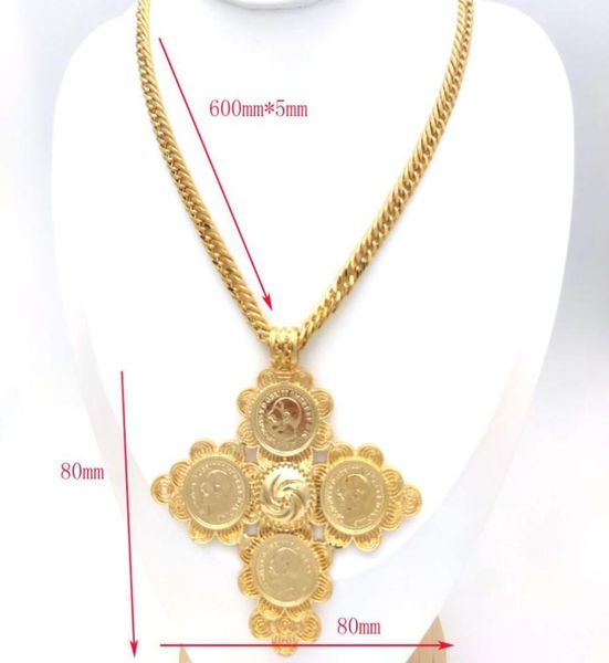 Big Coin Pingente Etiópia 24K Gold Gold Ruby Chain Double Curb Jóias de colar pesado sólido Africa Habesha eritrea6196354