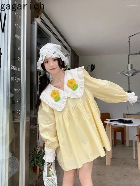Vestidos casuais gagarich doce coreano pesado vestido de manga longa Mulheres da primavera de flor 3d contraste do pescoço de boneca solto vestidos curtos