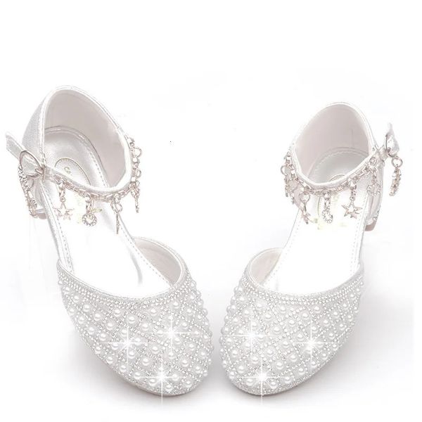 Mädchen High Heel -Schuhe für Kinder Perlen Teen Kristallparty Prinzessin Schuhe Kinder Hochzeit formelle Leder Sandalen Mädchen Schuhe Party 240412