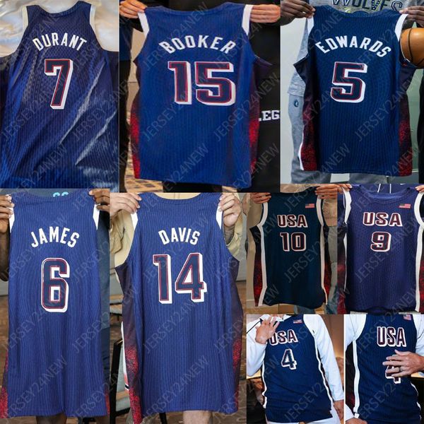 2024-25 4 Stephen Curry Jerseys de basquete dos EUA 6 LeBron James 8 Kawhi Leonard 11 Joel Embiid 14 Davis 13 Bam Adebayo 7 Kevin Durant 15 Devin Booker 10 Tatum Nacional Seleção