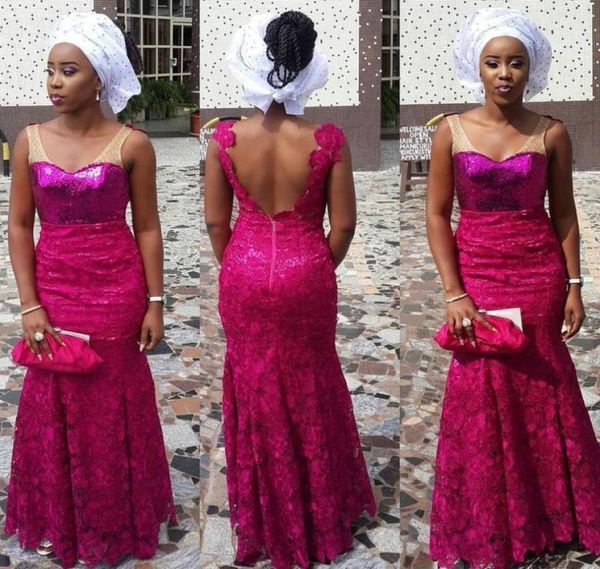 Nigerianische ASO EBI -Style -Abendkleider Vneck Fuchsia Paillettenmieder mit Low Rücken Rückenspitze Flockenerlänge Meerjungfrau Bella Naija -Kleider4383610