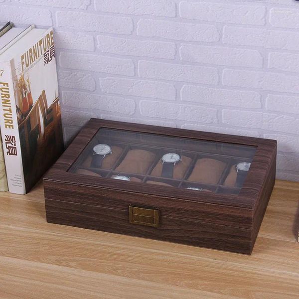 Uhrenkästen 10-Bit leichte luxuriöse Hochwerte-Aufbewahrungsbox-Hersteller Brown Retro Wood Grain Leder Organizer Brille Hülle