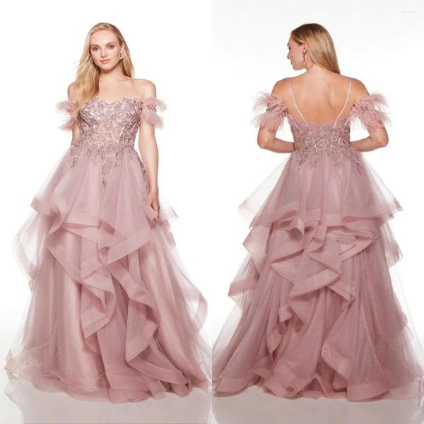 Partykleider eleganter staubiger rosa Prom -Spitzen -Korsett Tüll fließende Brautjungfernkleid von Schulterfedern Landebahn Mode Vestido de Novia