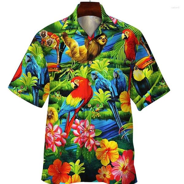 Camisas casuais masculinas Summer Floral Parrot 3D Camisa de impressão masculina Mulher Moda Blusa de manga curta de peito curto Roupas de blusa havaiana