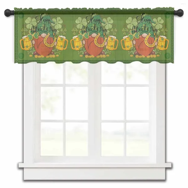 Tenda di St. Patrick's Day Clover Dwarf Dwarf Gold Beer Cucina tende da cucina tulle Sheer Short soggiorno decorazioni per la casa tende