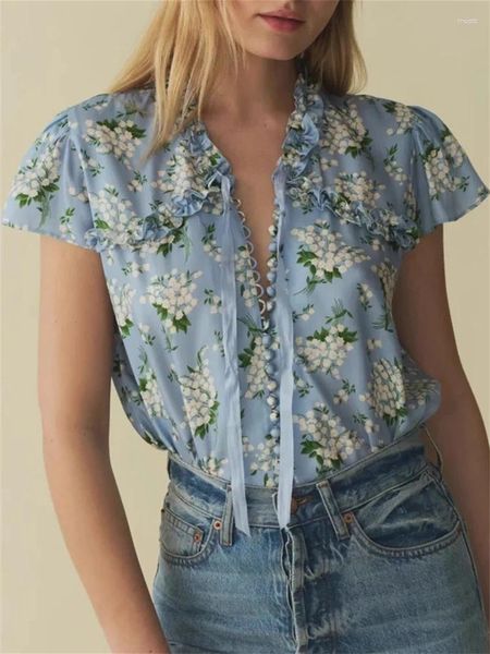 Camicette da donna camicetta a petto singolo Donne in fila per la stampa a pizzo floreale Selvedge Selvedge Fashion Fashion Shirt e Tops for Ladies 2024