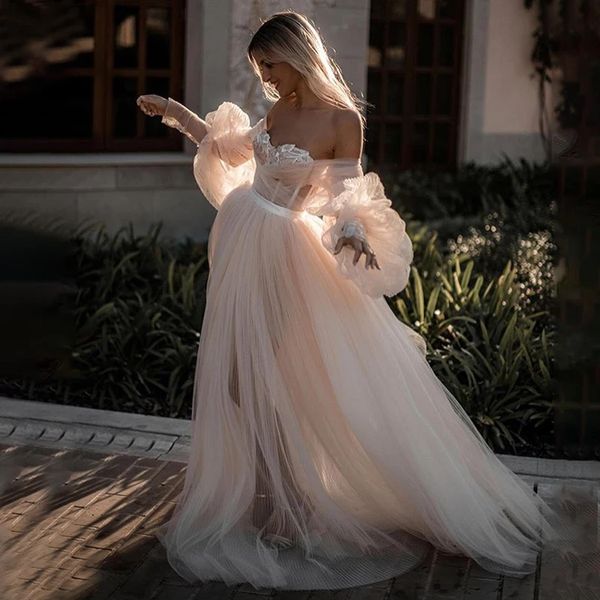 Abito da sposa sexy a spalla in pizzo in pizzo da spiaggia boho maniche gonfie abito da sposa vestidos de novi personalizzato made personalizzato