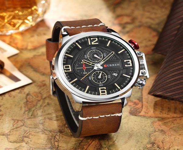 NEUE MEN039S WATCH CRORN Brand Luxus Mode Chronographen Quarz Sport Armbanduhren hochwertige Lederbanddatum Männlich 6752668