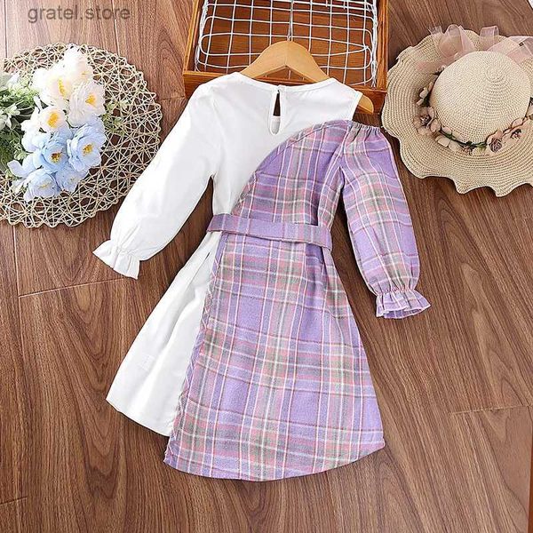 Mädchenkleiderkleid Kinder Mädchen 4-7 Jahre Little Girl Purple Plaid Spleißen langärmelig