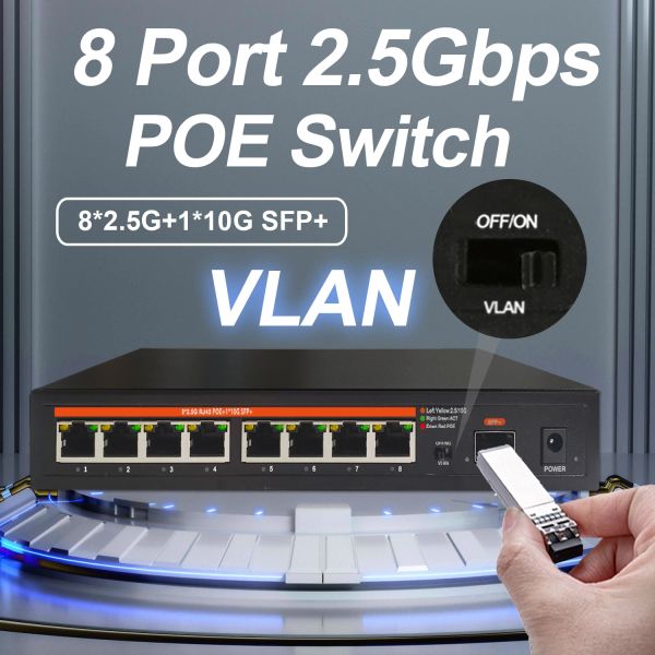 Switches 2.5g 8 portas Poe Ethernet Switch Network não gerenciado 120W VLAN 8*2,5G+ 1*10G SFP+ Portas de uplink WTD sem ventilador para AP VDI sem fio VDI