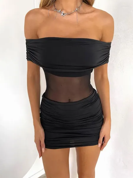 Повседневные платья Avrilyaan Mesh Splicing Permesting Sexy Party Dress Женщины Slash Neckcon Mini 2024 Весна Лето Вестидо