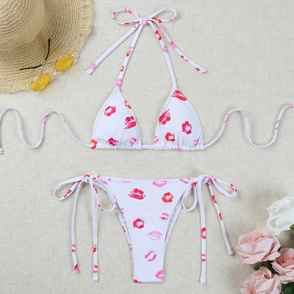 Roupas de banho feminina sexy string bikinis lábios estampos de banho feminina feminina praia usa trajes de banho biquíni brasileiro pool bather 2024