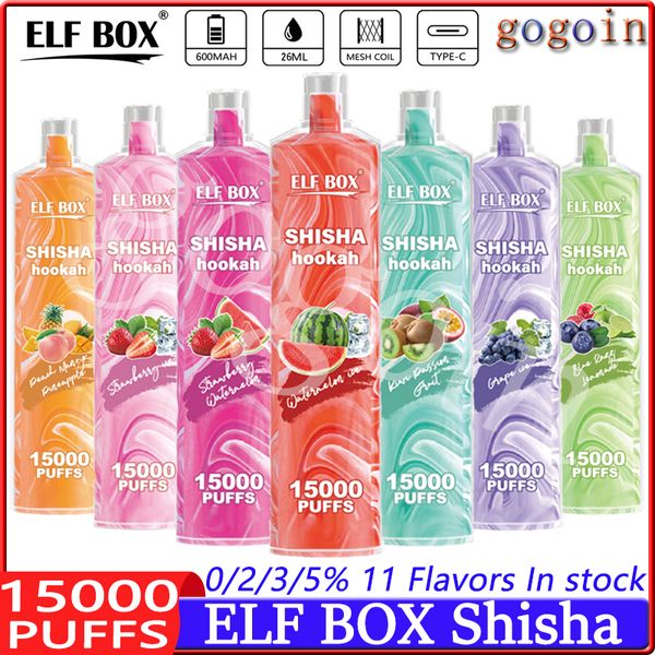 Elf kutusu shisha 15000 puflar tek kullanımlık e sigara vape nargile puf 15k 26ml önceden doldurulmuş kapsül 600mAH şarj edilebilir 0.8ohm örgü bobin 0% 2% 3% 5% 5%