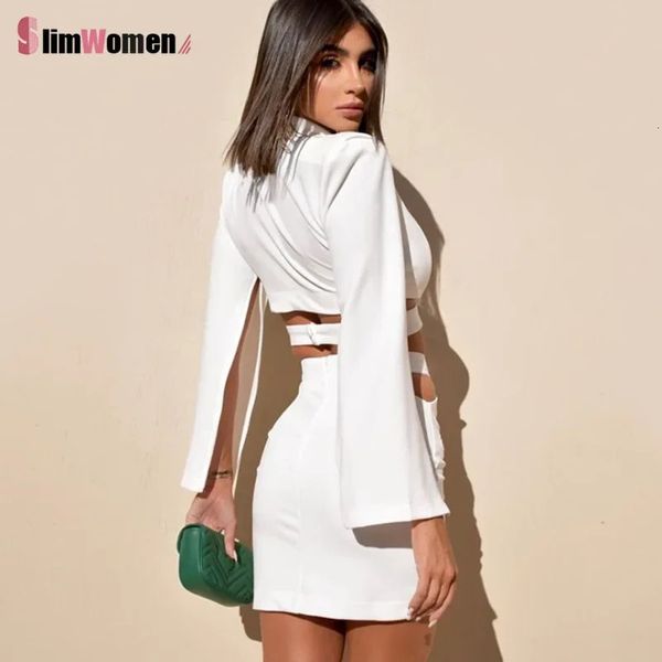 Frauen sexy gekerbte Kragen hohl aus Out Jacke Büro Damen Slim Outfits Spring Fashion Chic Long Sleeve White Blazer Rock Set 240403