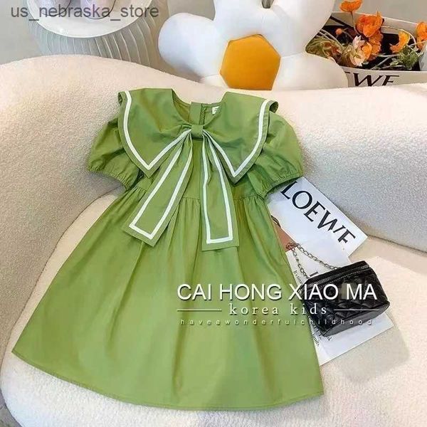 Vestidos femininos academia de garotas estilo verde vestido de verão coreano edição infantil infantil e fofo vestido de princesa vestido de moda novo 2024 q240418