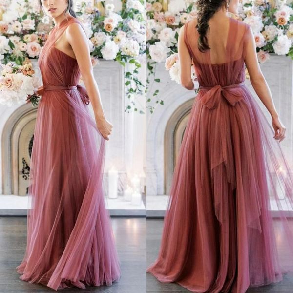 Vestidos de dama de honra de tule de rosa longa e empoeirada com faixa A-line Halter pescoço de festas formal, comprimento de casamento, convidados de casamento vestidos para mulheres