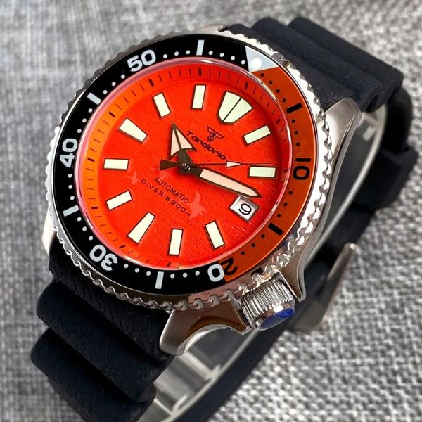 Нарученные часы Tandorio Orange Skx Mod Mechanical Watch Men Japan NH36 Movt 120Clicks Bezel 3.8 Коронный сплав Вставка светящегося календаря дата