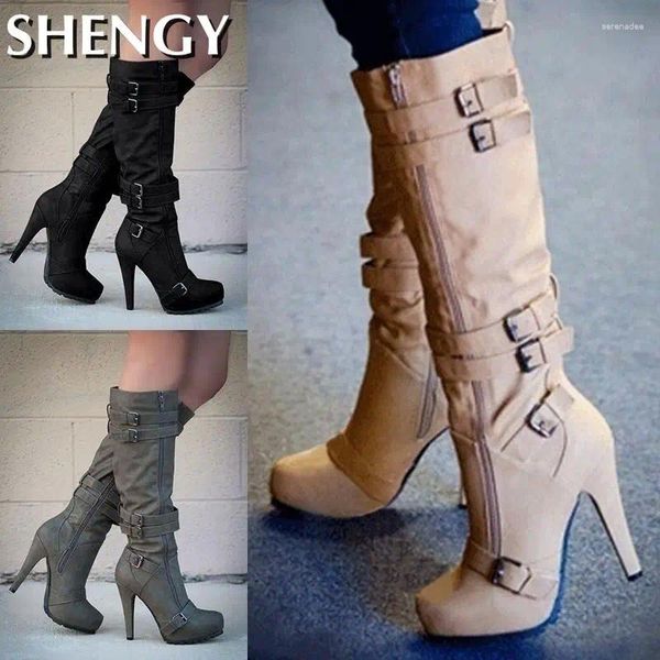 Stiefel Frauen Super High Heel Winter Fashion Schnalle Gurt Reißverschluss Knie Plattform Frauen Schuhe Damen Long Botas