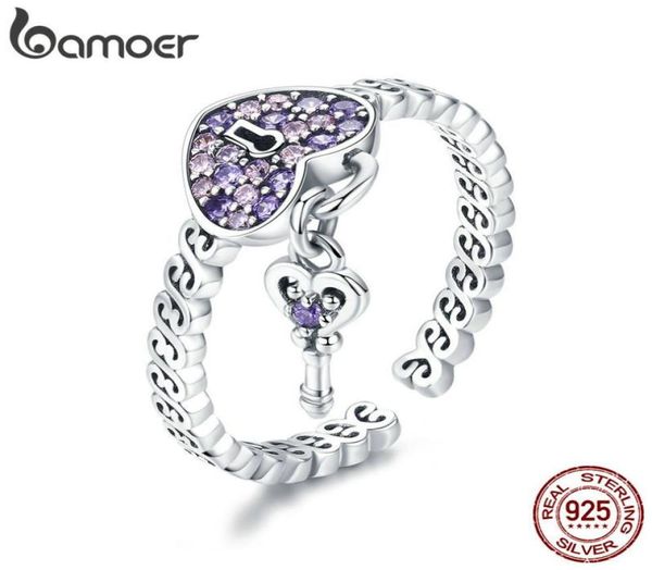 Bamoer echte 925 Sterling Silber Love Heart Key Purple CZ Finger Ringe für Frauen Hochzeit Engagement Schmuck Anel SCR4862420109