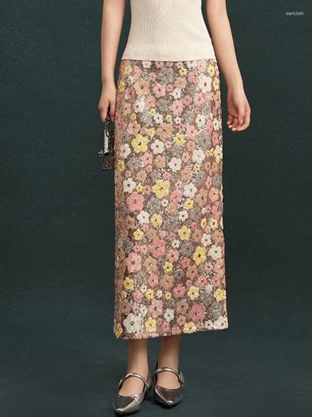 Röcke Blume PAINE MIDI ROCK HIGH Taille Elegant Sticked Blumenrücken geteilt 2024 Frühling/Sommer in Frauenkleidung